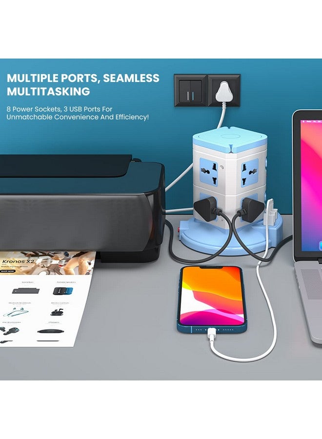 Portronics Power Plate 9 with 3 USB Ports + 8 Power Sockets Power Converter, 2500W Power Output, 2.1A USB Charging Port, 3M Cord Length(Blue) - Image 2