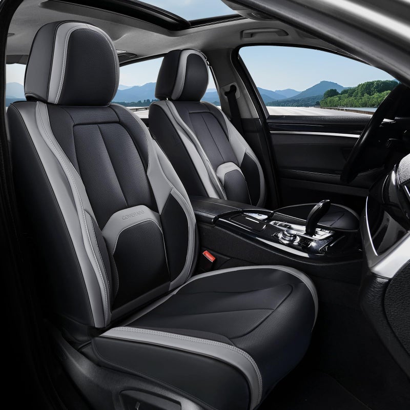 Coverado Seat Covers, Premium Nappa Leather Car Seat Covers Front Seats, Waterproof Car Seat Protector with Lumbar Support, Front Driver Seat Covers Universal Fit for Most Cars (Black&Gray) - Image 1