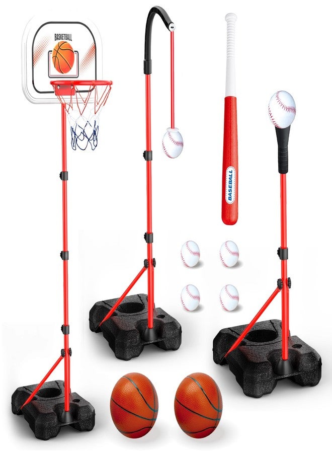 ShyLizard 3-In-1 Kids Basketball Hoop and T Ball Set for Age 3-5 6-8, Adjustable Toddler Basketball Hoop, Hanging Tee Ball for Outdoor, Birthday Christmas Sport Toys Gift for Boys Girls 3 4 5 6 7 8 Year Olds - Image 1