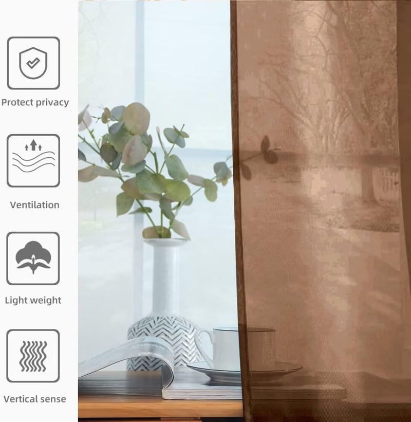 youleyar Solid Sheer Rod Pocket Curtain Voile Draperies 2 Panels White Beige Black Grey Coffee 52 Inch Width 63 Inch Long 1 Pair for Kitchen Bedroom Children Living Room Yard (Brown,52Wï½˜63L) - Image 5