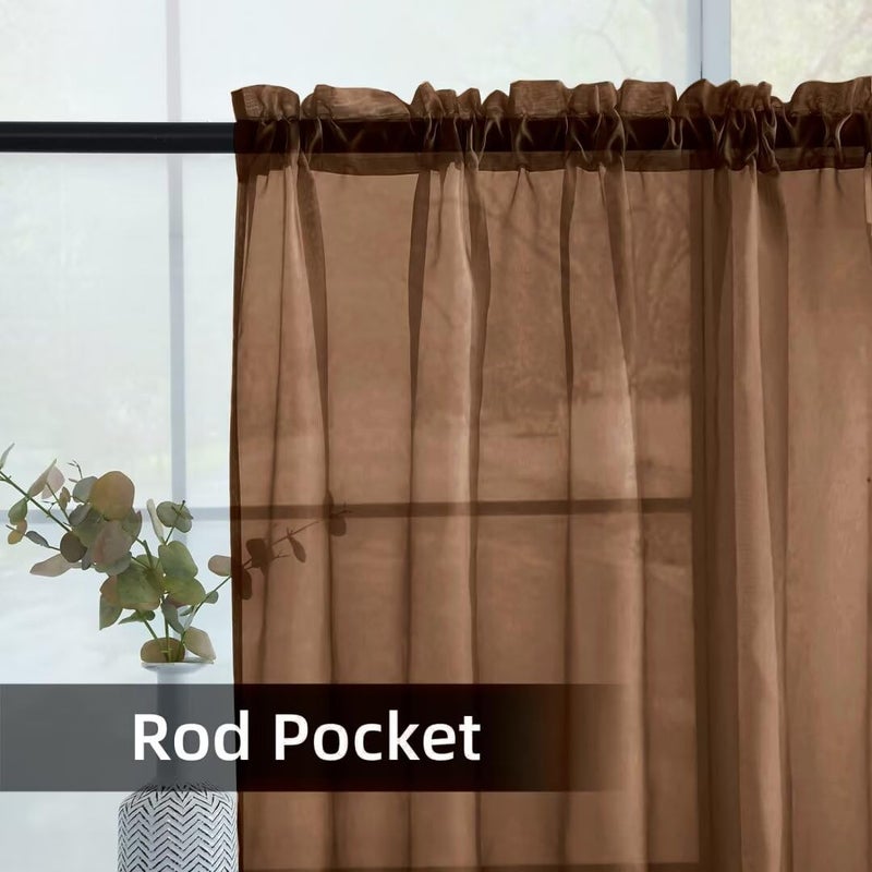 youleyar Solid Sheer Rod Pocket Curtain Voile Draperies 2 Panels White Beige Black Grey Coffee 52 Inch Width 63 Inch Long 1 Pair for Kitchen Bedroom Children Living Room Yard (Brown,52Wï½˜63L) - Image 3