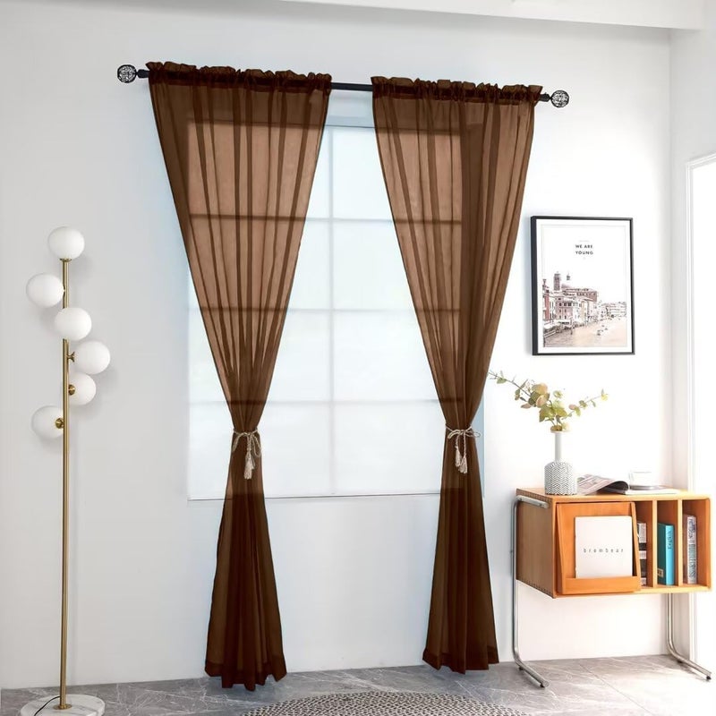 youleyar Solid Sheer Rod Pocket Curtain Voile Draperies 2 Panels White Beige Black Grey Coffee 52 Inch Width 63 Inch Long 1 Pair for Kitchen Bedroom Children Living Room Yard (Brown,52Wï½˜63L) - Image 2
