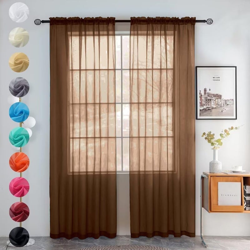 youleyar Solid Sheer Rod Pocket Curtain Voile Draperies 2 Panels White Beige Black Grey Coffee 52 Inch Width 63 Inch Long 1 Pair for Kitchen Bedroom Children Living Room Yard (Brown,52Wï½˜63L) - Image 1