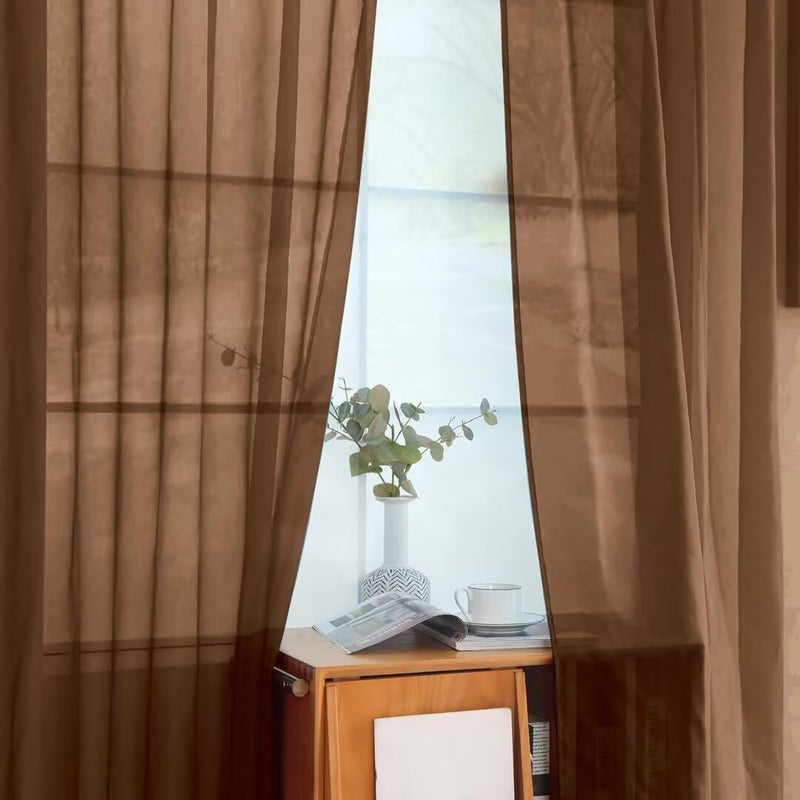 youleyar Solid Sheer Rod Pocket Curtain Voile Draperies 2 Panels White Beige Black Grey Coffee 52 Inch Width 63 Inch Long 1 Pair for Kitchen Bedroom Children Living Room Yard (Brown,52Wï½˜63L) - Image 4