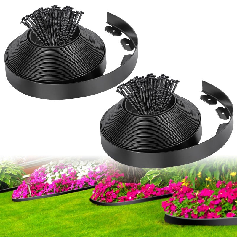 FunFanso 2-Inch x 66 FT Landscape Edging Border with 100 Anchoring Spikes, Garden Border Edging Kit, Plastic Edging Border Flexible for Garden Flower Beds Lawn Yard Paver Pathway (Black) - Image 1