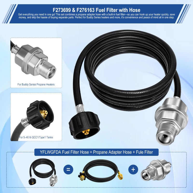 YFLWGFDA Propane Heater Fuel Filter F273699 with 6FT Propane Hose for Buddy Heater, Big Buddy, Little Buddy, Buddy Series,Connect 20-45 lb Propane Tanks, Replaces F276163 F273704 F273701 F273702 Etc. - Image 3