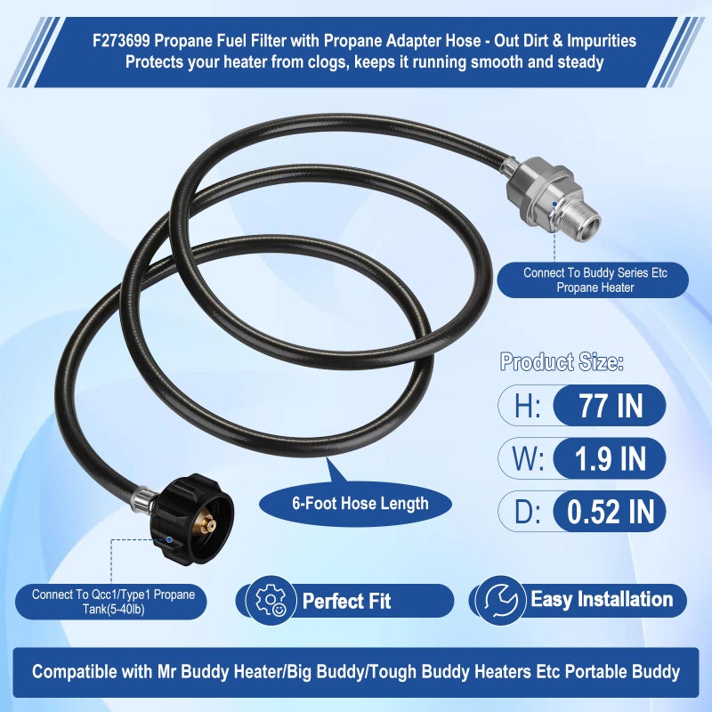 YFLWGFDA Propane Heater Fuel Filter F273699 with 6FT Propane Hose for Buddy Heater, Big Buddy, Little Buddy, Buddy Series,Connect 20-45 lb Propane Tanks, Replaces F276163 F273704 F273701 F273702 Etc. - Image 5