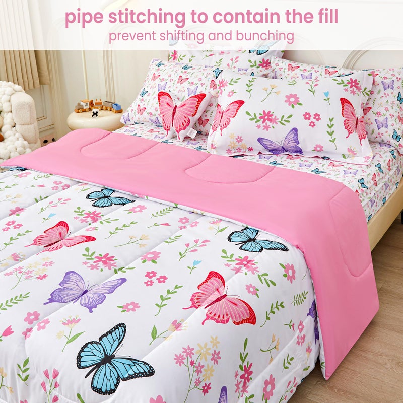 Mooreeke Twin Size Comforter Sets for Girls Kids, 6 Pieces Bed in a Bag Flower Butterfly Bedding Comforter Sheet Set with Shams and Decorative Toy Pillow, Ultral Soft Microfiber Kids Bed Set - Image 2