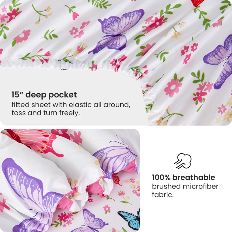 Mooreeke Twin Size Comforter Sets for Girls Kids, 6 Pieces Bed in a Bag Flower Butterfly Bedding Comforter Sheet Set with Shams and Decorative Toy Pillow, Ultral Soft Microfiber Kids Bed Set - Image 3