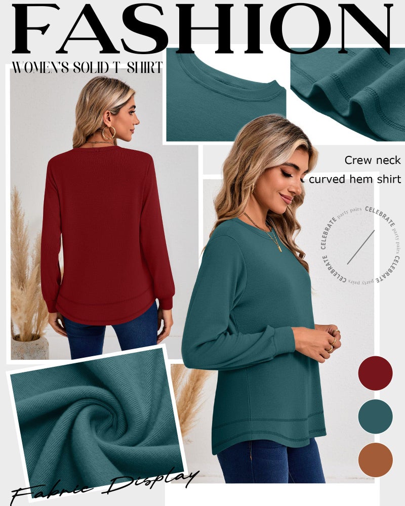 Ficerd 3 Pack Women's Long Sleeve Shirts, Cotton Crew Neck Tunic Tops Casual Loose Fit Pullover Sweatshirts Curved Hem Shirts(Orange, Dark Green, Red,Large) - Image 4