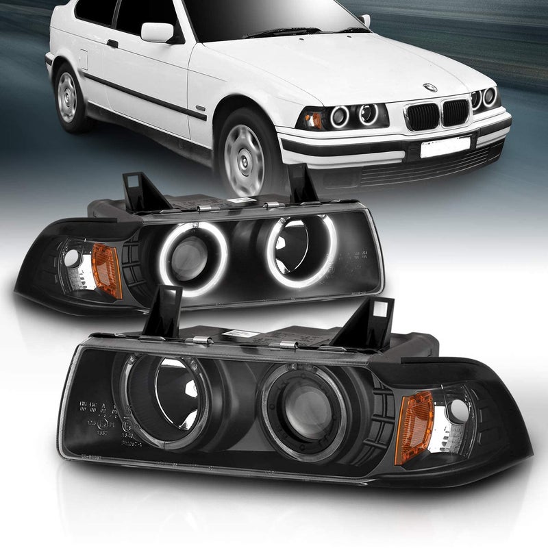 AmeriLite Black Projector Headlights with LED Halos for 1992-1999 BMW 3 Series E36 2-Door