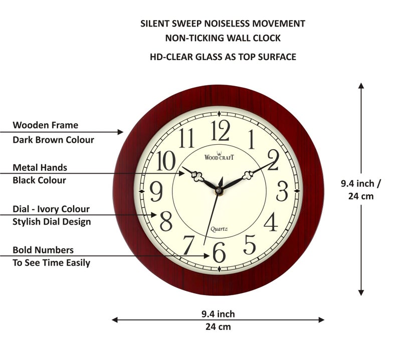 Wood Craft - Classic Design, Slim Wooden Wall Clock - 9.45 inches (Size - Small), Silent Sweep Noiseless Technology, Dark Brown Frame-Ivory Dial, Model: WS-19 - Image 2