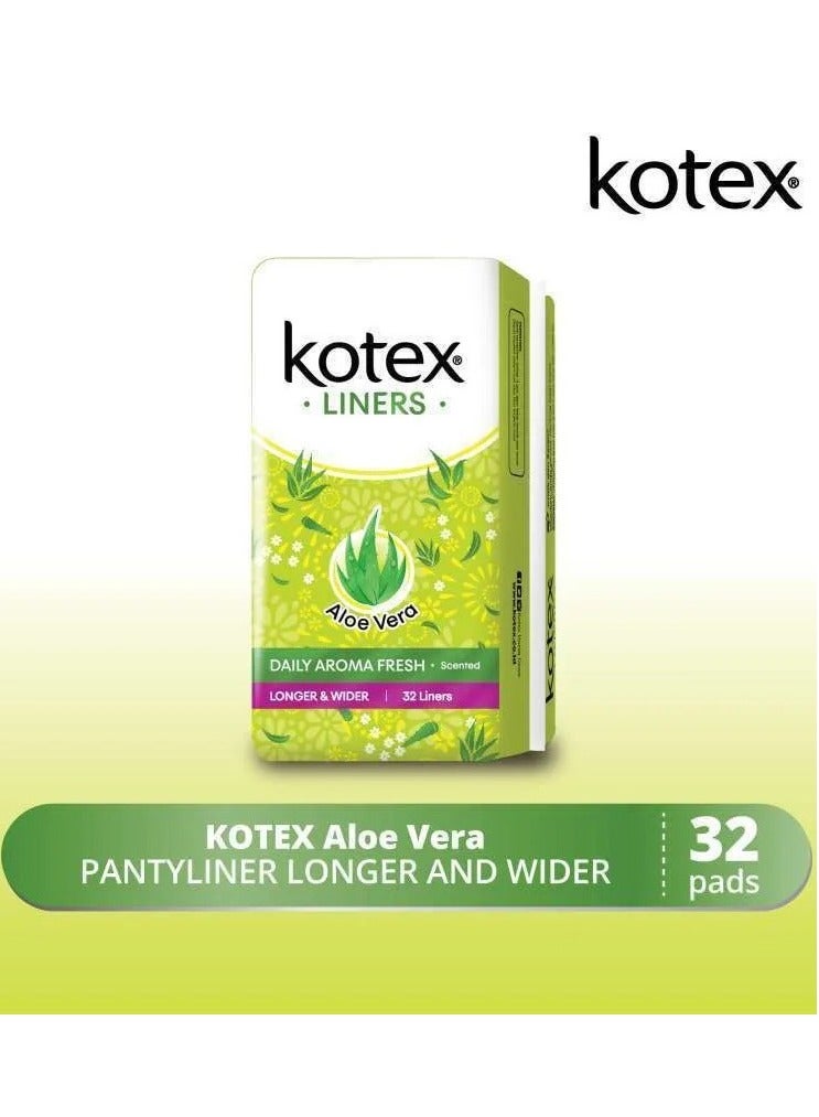Kotex Aloe Vera Daily Aroma Fresh Scented, Longer & Wider Panty Liner, 32-Pack