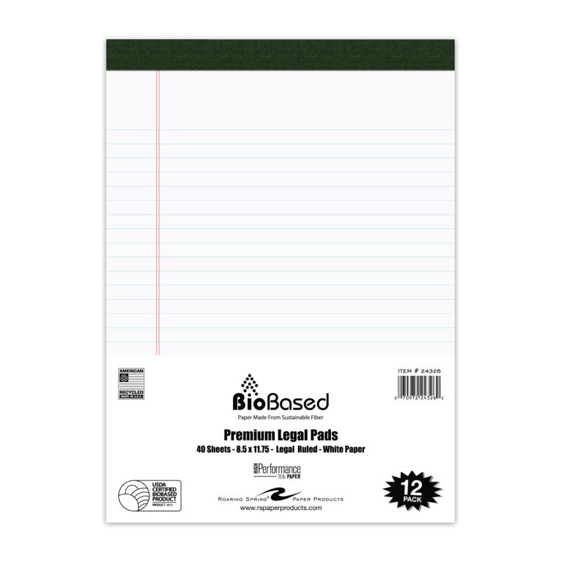 Roaring Spring BioBased USDA Certified Bio-Preferred Legal Pads, 12 Pack, 8.5" x 11.75" 40 Sheets, White - Image 1