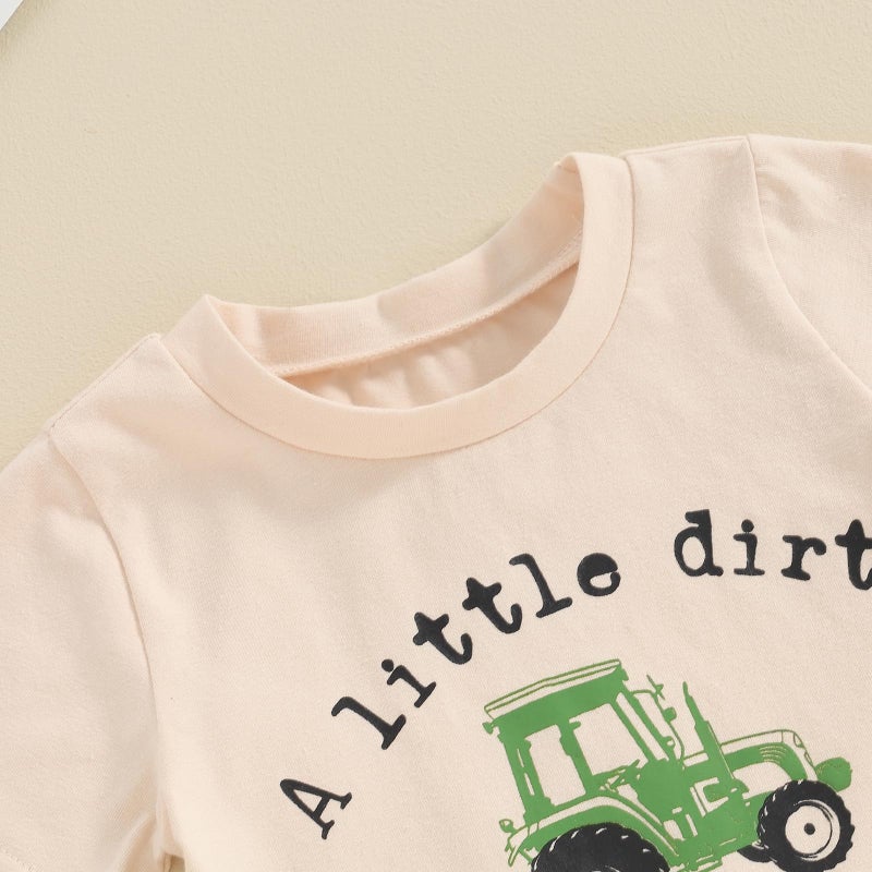 BemeyourBBs Toddler Baby Boy Summer Clothes Letter Graph Short Sleeve T Shirt Elastic Waist Pockets Shorts Set 2 Piece Outfit A little dirt never hurt beige, 2-3T - Image 4