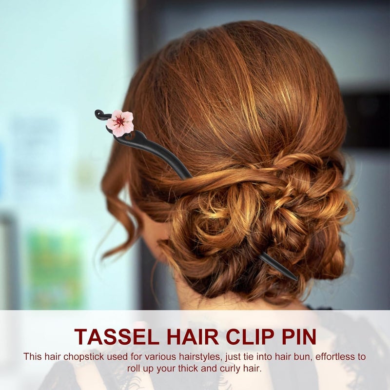 Flower Hair Stick Oriental Hairstyle Stick Blackwood Hair Chopstick with Tassel for Women - Image 5