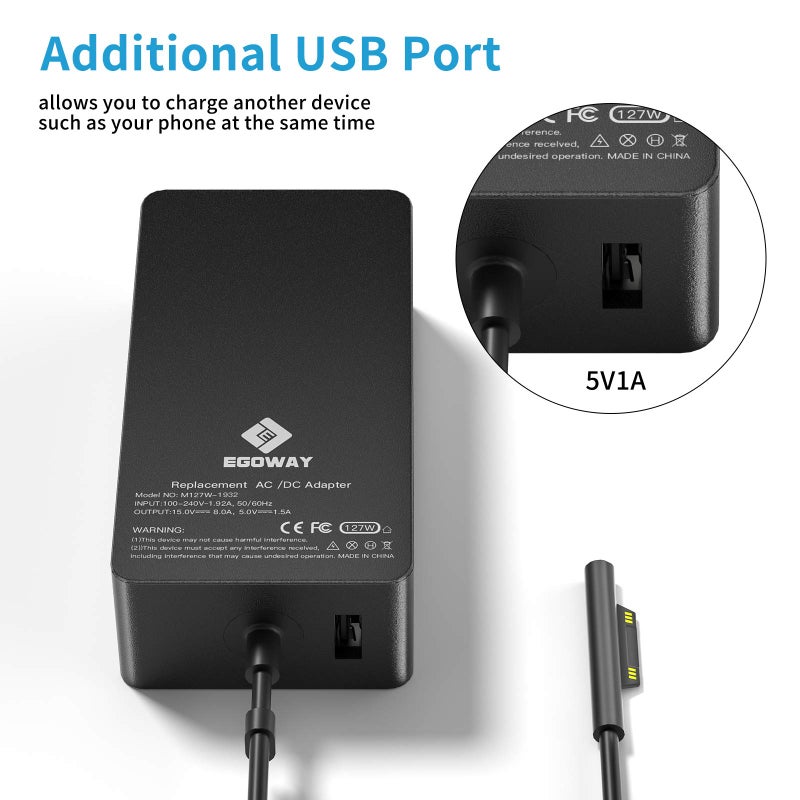 E EGOWAY Surface Book 3 & Pro 127W 15V 8A AC Power Adapter - Compatible with Surface Pro X 7 6 5 4 3, Book 3 2 1, Laptop Studio 4 3 2 1, Go with 6ft Power Cord - Image 4