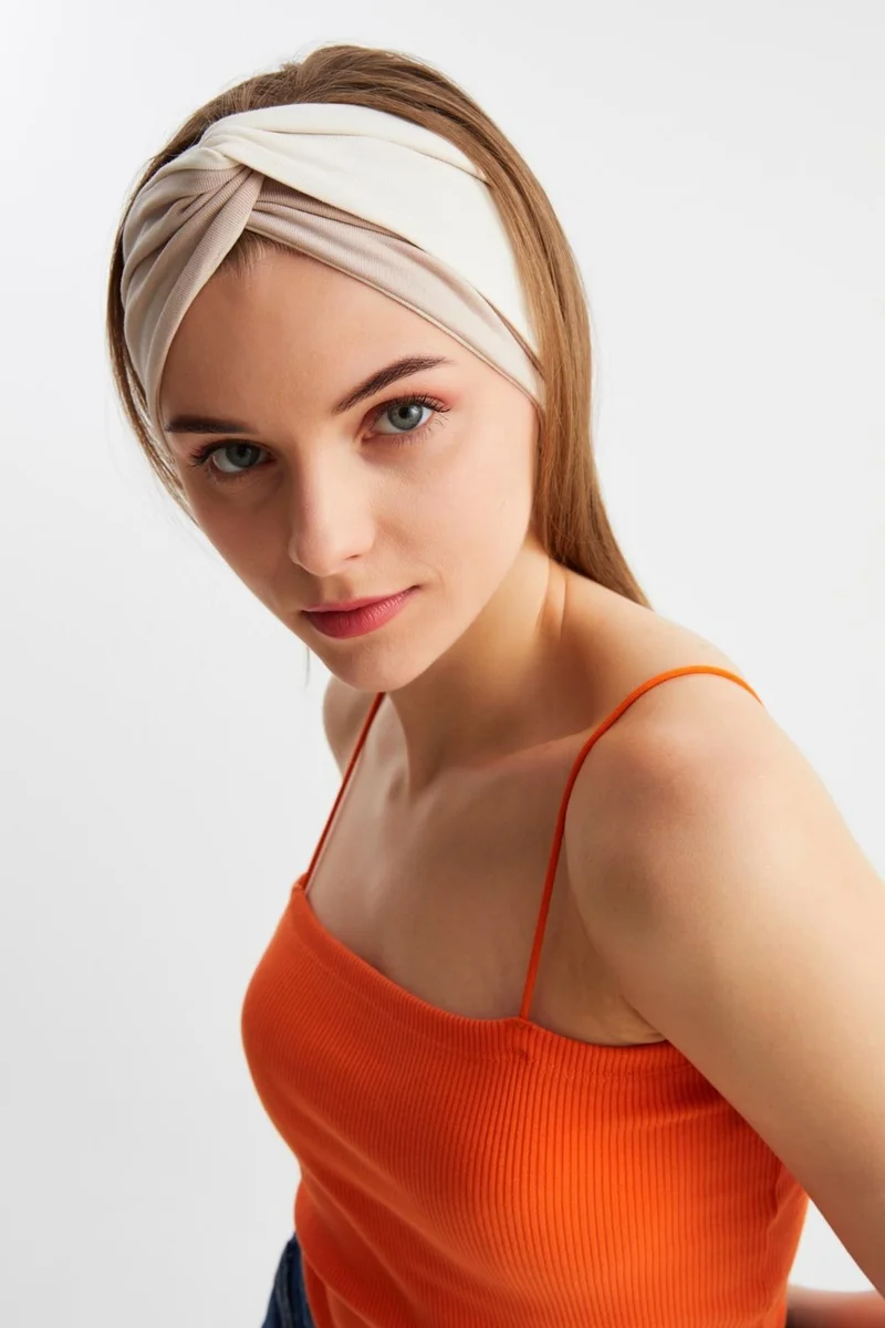 Butikgiz Beige-White Women's Trend Style Cotton Combed, Non-Slip, Soft, Flexible, Hair Band Bandana