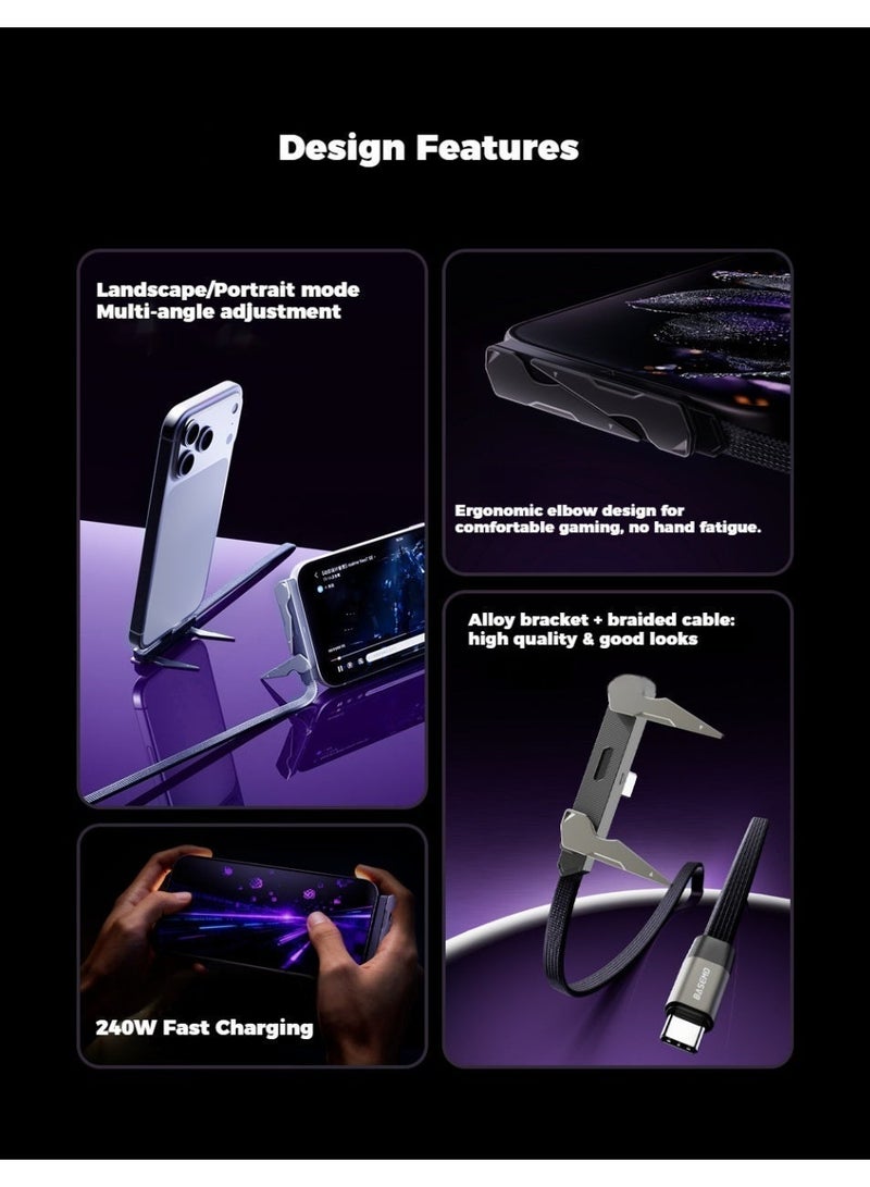 BASEMO 240W Super Fast Charging Cable with Built-in Adjustable Phone Stand. Compatible with iPhones, Android Phones, Tablets, and Laptops Equipped with USB-C Interface. Enables fast charging, eliminating the need for separate cables for each device. You can even watch TV while charging. 1.2m Type-C to Type-C cable, black. - Image 3