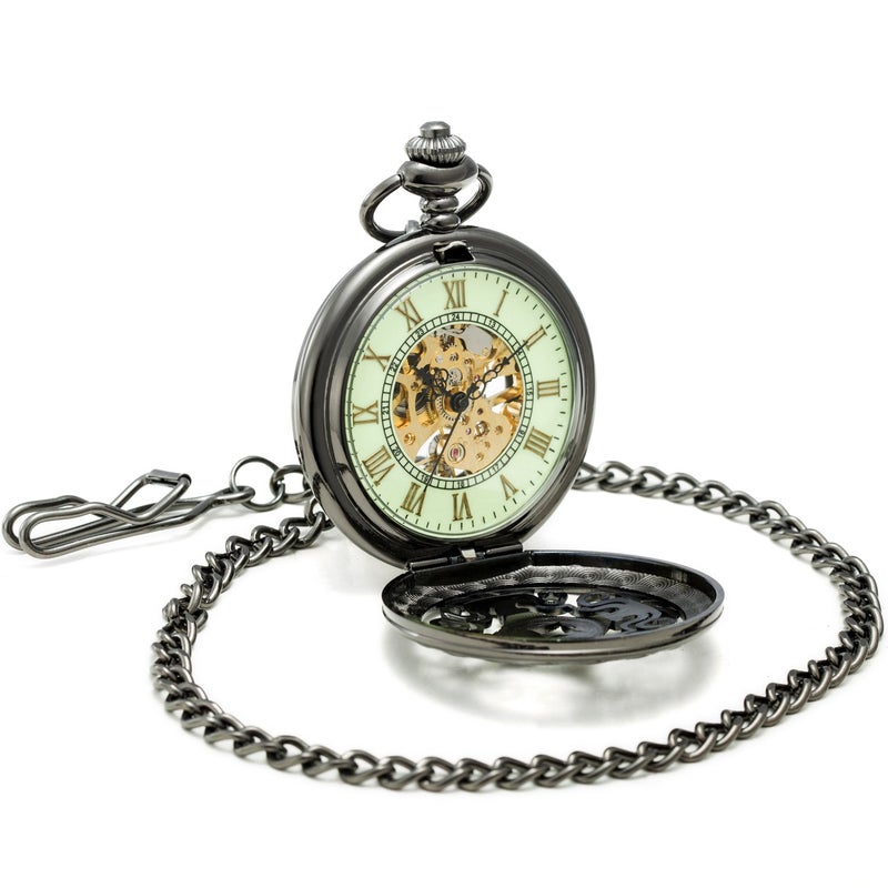 SEWOR Mens Luminous Dial Hand Wind Mechanical Pocket Watch with Brand Leather Gift Box (Stand Up Black) (Green) - Image 4