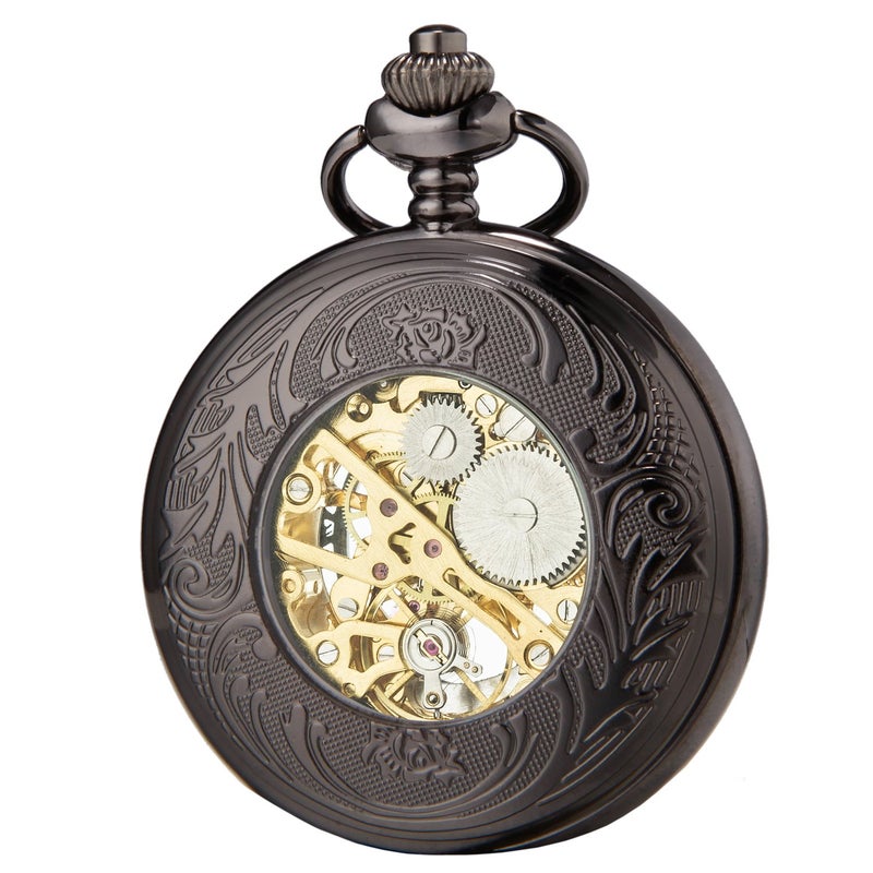 SEWOR Mens Luminous Dial Hand Wind Mechanical Pocket Watch with Brand Leather Gift Box (Stand Up Black) (Green) - Image 5