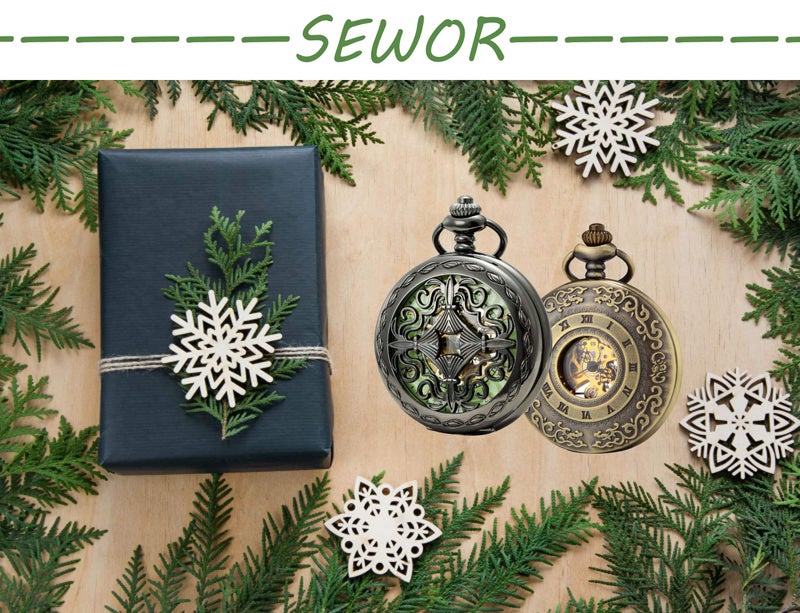 SEWOR Mens Luminous Dial Hand Wind Mechanical Pocket Watch with Brand Leather Gift Box (Stand Up Black) (Green) - Image 2