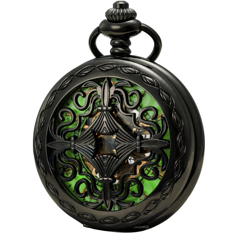 SEWOR Mens Luminous Dial Hand Wind Mechanical Pocket Watch with Brand Leather Gift Box (Stand Up Black) (Green) - Image 1