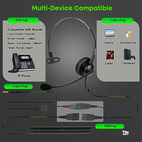 MAIRDI Office Headset with RJ9 Jack for Cisco Phone, Binaural Telephone Headset with Mic Noise Cancelling for Call Center Landline Deskphone, Including 3.5mm Connector for Cell Phone PC Laptop - Image 2