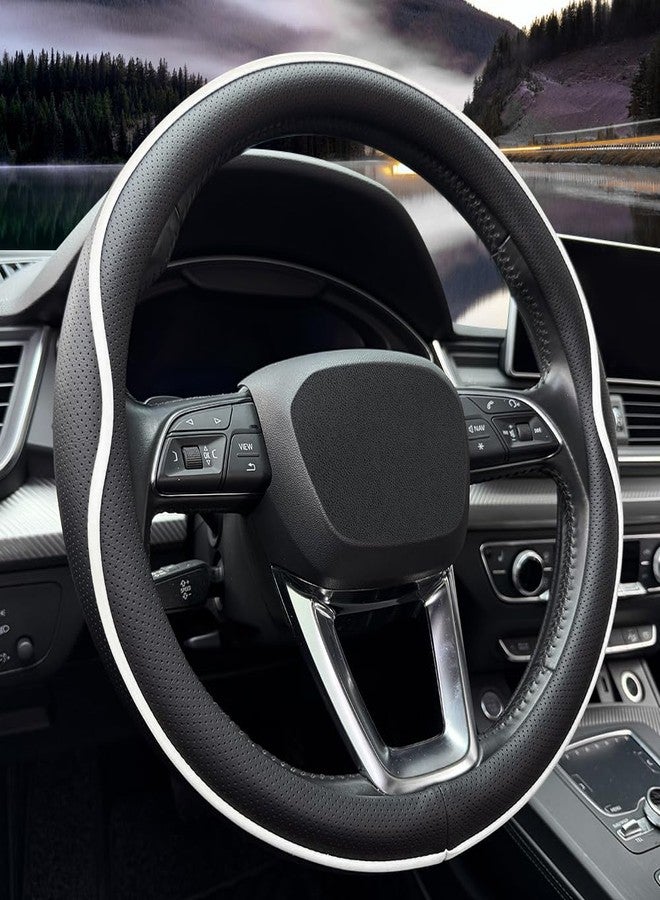 HAOTULE Leather Steering Wheel Cover， with Anti-Slip Stripe Design - Enhanced Grip, Fashion Style, Safe, Non-Slip, Breathable. Upgrade car Interior（Black White） - Image 1