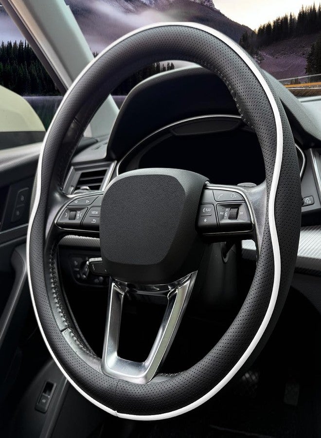 HAOTULE Leather Steering Wheel Cover， with Anti-Slip Stripe Design - Enhanced Grip, Fashion Style, Safe, Non-Slip, Breathable. Upgrade car Interior（Black White） - Image 3