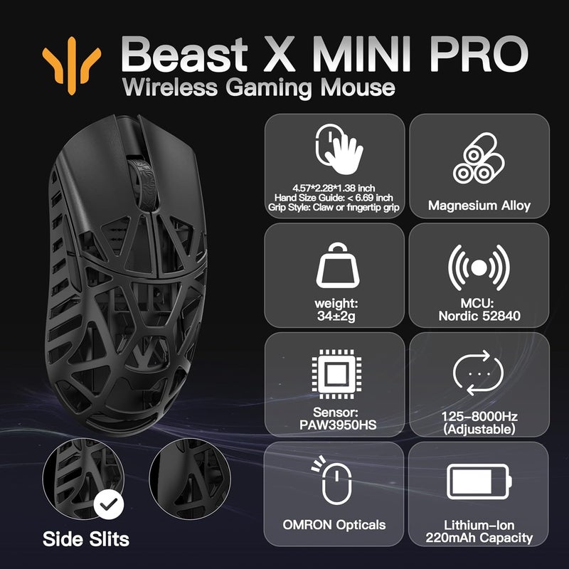 Beast X Mini Pro Ultra-Light 34g ماوس الألعاب المغنيسيوم ، PAW3950 مستشعر HS ، معدل استطلاع 8K ، 30000 DPI ، OM & TTC المفاتيح ، لوحات جانبية قابلة للتخصيص.  (أسود (OM مفتاح الشقوق الجانبية)) - Image 2