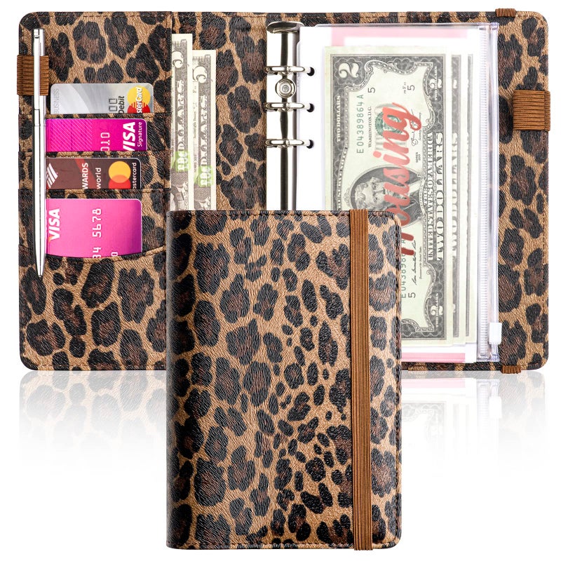 Zreal A6 Budget Binder for Money Saving, PU Leather Budget Planner with 8 Cash Envelopes, Budget Sheets & Rose Gold Category Stickers, Money Organizer for Cash (Leopard) - Image 1