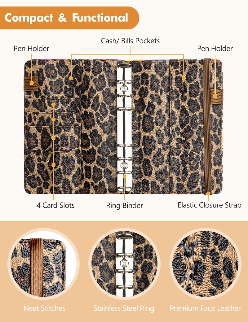 Zreal A6 Budget Binder for Money Saving, PU Leather Budget Planner with 8 Cash Envelopes, Budget Sheets & Rose Gold Category Stickers, Money Organizer for Cash (Leopard) - Image 3