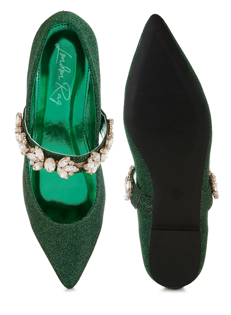 London Rag Diamante Brooch Glitter Ballerinas in Green