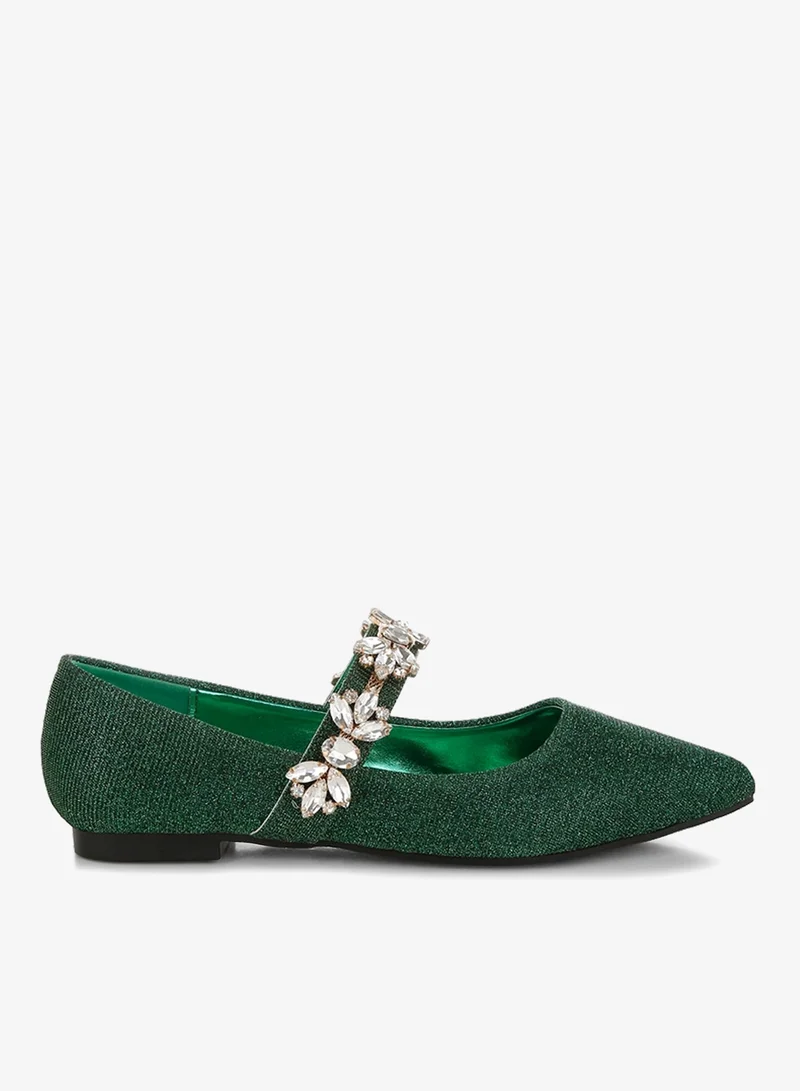 Diamante Brooch Glitter Ballerinas in Green