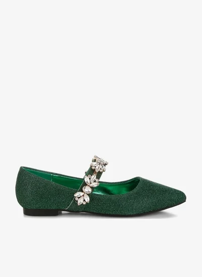 London Rag Diamante Brooch Glitter Ballerinas in Green