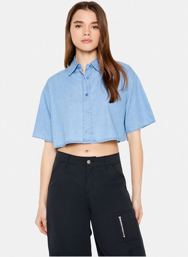 FOREVER 21 Boxy Cropped Chambray Shirt - Image 1