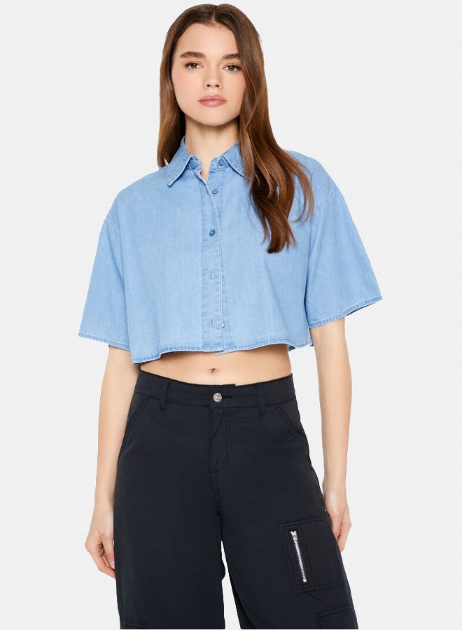 FOREVER 21 Boxy Cropped Chambray Shirt - Image 5