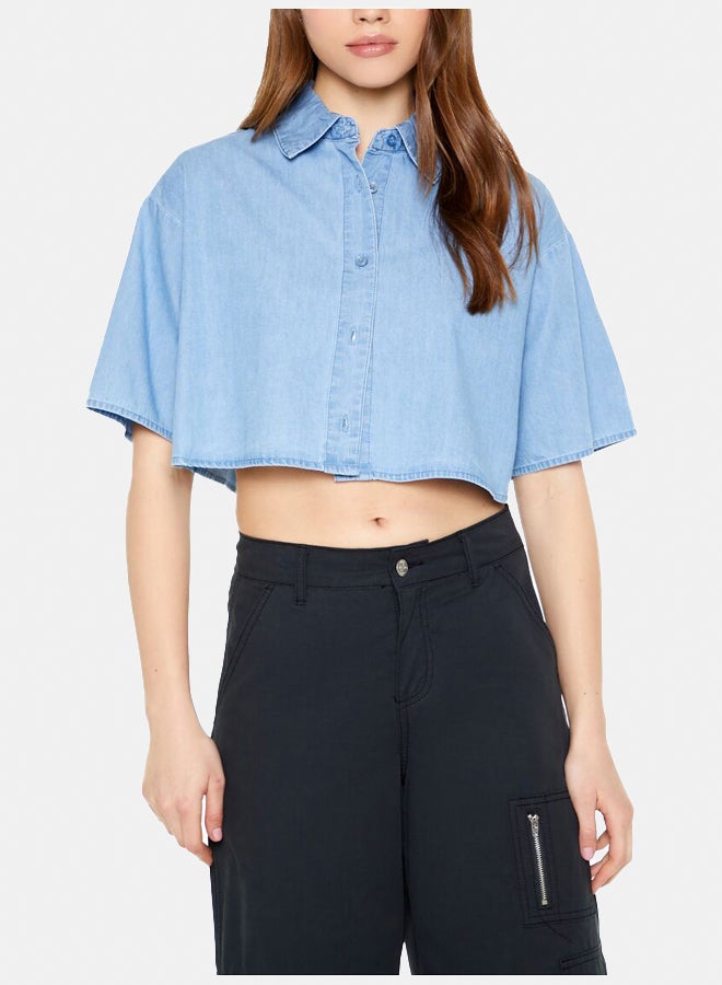 FOREVER 21 Boxy Cropped Chambray Shirt - Image 4