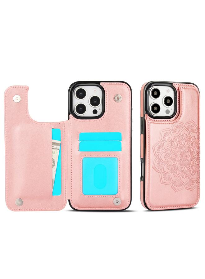 The Bros Case For iPhone 16 Pro Double Buckle Mandala Leather Wallet Back Cover Phone Case 