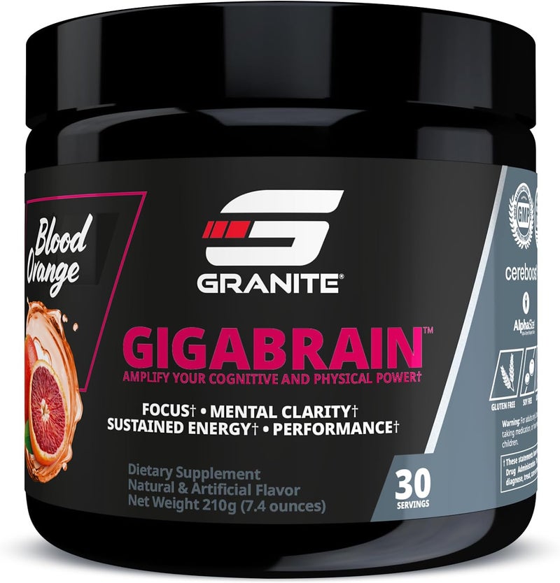 Granite Supplements Granite Nutrition GigaBrain Nootropic Energy Powder  Cereboost AlphaGPC  ElevATP  Cognitive Focus Supplement for Sustained Energy  Performance  Blood Orange 30 Servings - Image 1