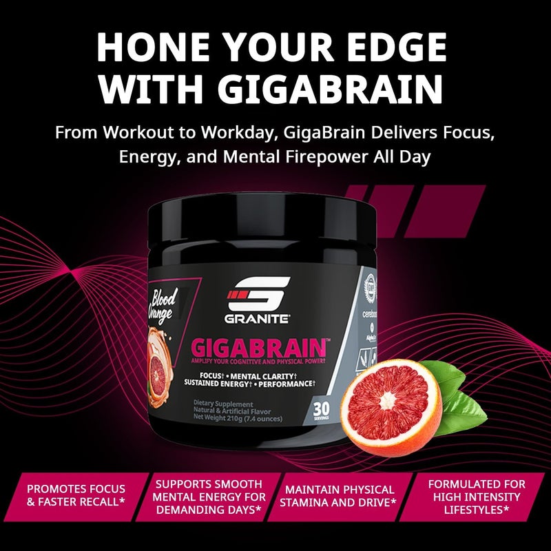 Granite Supplements Granite Nutrition GigaBrain Nootropic Energy Powder  Cereboost AlphaGPC  ElevATP  Cognitive Focus Supplement for Sustained Energy  Performance  Blood Orange 30 Servings - Image 5