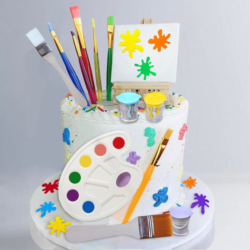 SONICEBUY 26 Pcs Art Cake Topper Paint Cake Decorations Painting Cake Toppers include Paint Pen Brush Painting Bucket Palette for Kids Birthday Baby Shower Art Themed Party Cake Decoration Supplies - Image 3