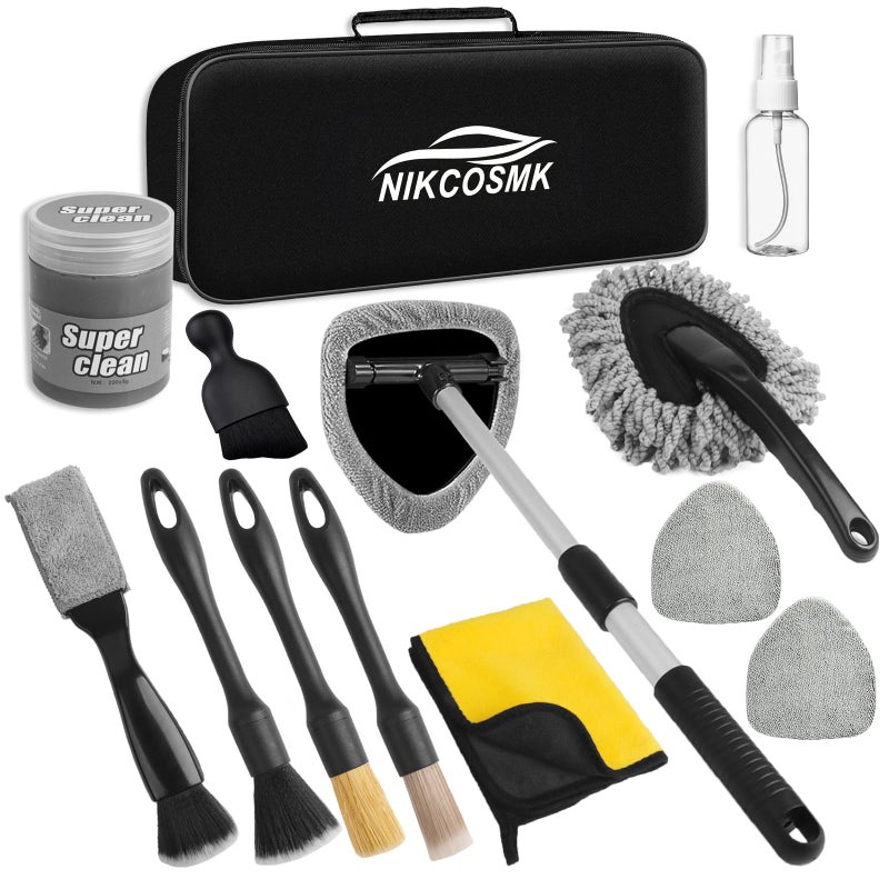 NIKCOSMK Windshield Cleaner Tool, 14Pcs Car Cleaning Kit - Car Interior Detailing Kit with Extendable Handle, Cleaning Gel & Microfiber Pads, All-in-One Inside Car Cleaning Supplies for Women Men - Image 1