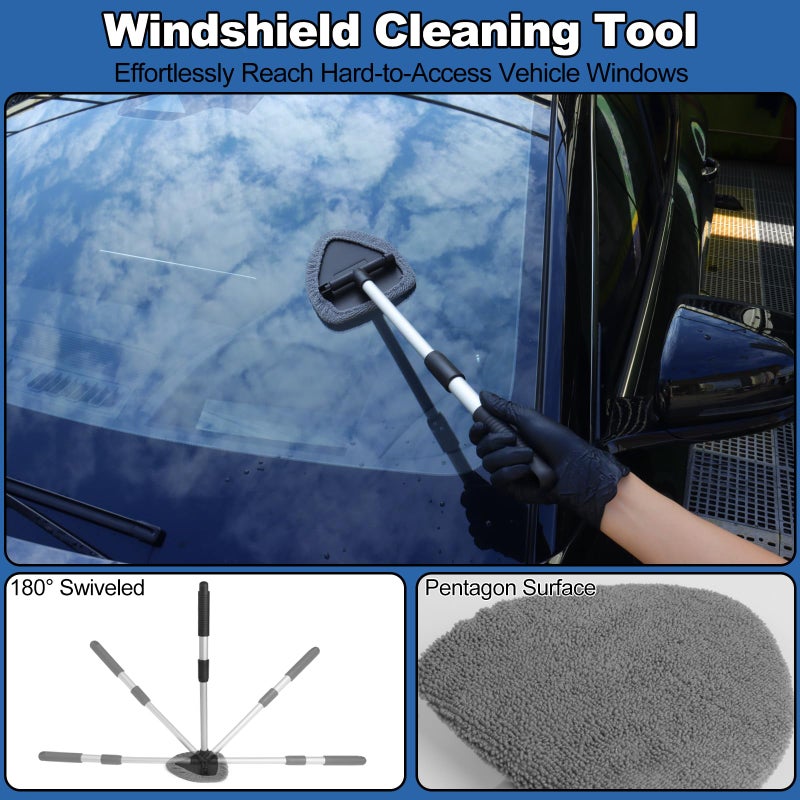 NIKCOSMK Windshield Cleaner Tool, 14Pcs Car Cleaning Kit - Car Interior Detailing Kit with Extendable Handle, Cleaning Gel & Microfiber Pads, All-in-One Inside Car Cleaning Supplies for Women Men - Image 3