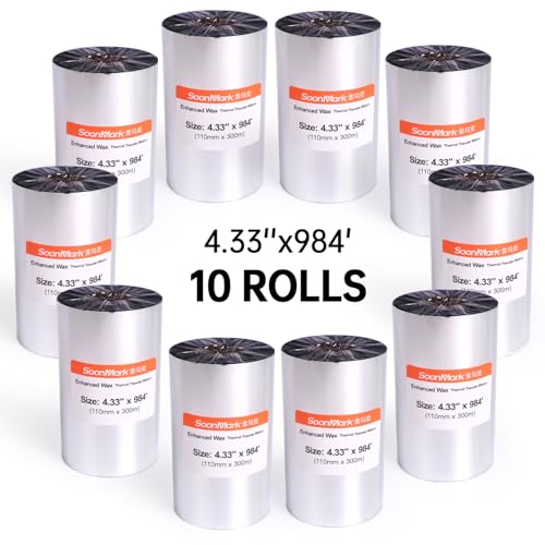 Soonmark 10 Rolls 4.33" x 984' (110mm X 300m) Thermal Transfer Wax Resin Ribbon for Label Tag Barcode Printing for Zebra,TEC,DATAMAX,etc - Image 1
