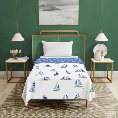 Urban Space 100% Cotton Malmal Single Bed Dohar, All Season Reversible Blanket, Soft, Lightweight and Breathable Ac Dohar/Quilt/Blanket/for Bed, Couch Sofa AC Blanket (58 x 95 inch, Ocean Boats Blue) - Image 1