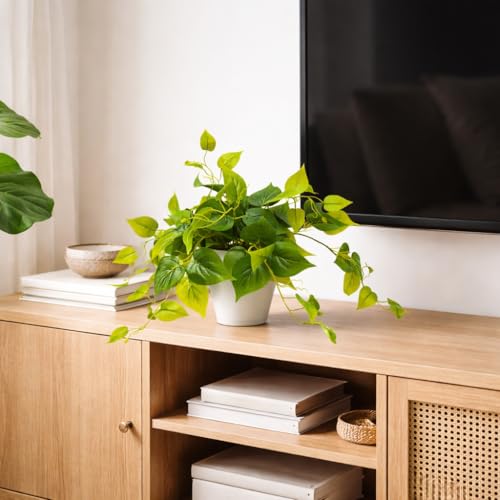 alyptus Fake Pothos Hanging Plants – Set of 2 Faux Ivy Vines Realistic Silk Devil’s Ivy for Indoor Décor, Low Maintenance Artificial Greenery for Home Bathroom or Office - Green with White Pots - Image 5