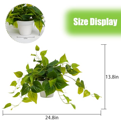alyptus Fake Pothos Hanging Plants – Set of 2 Faux Ivy Vines Realistic Silk Devil’s Ivy for Indoor Décor, Low Maintenance Artificial Greenery for Home Bathroom or Office - Green with White Pots - Image 2