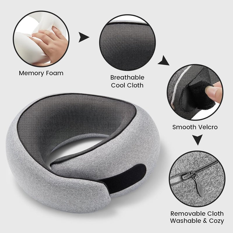 Eworld Travel Neck Pillow with 100% Memory Foam Filling, 360° Ergonomic Support, Compact & Portable with Travel Bag for Airplane, Train & Car Travel (Grey) - Image 4